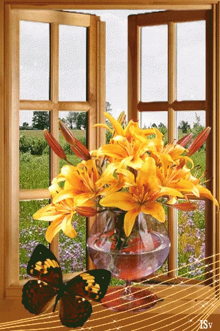 Butterfly Sitting On Window Sill Next To Yellow Lilies GIF