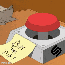 Button With Note Saying Buy the Dip