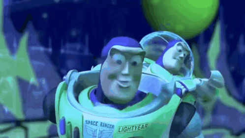 Buzz Lightyear And Woody From Toy Story Are Standing Next To Each Other In A Dark Room . GIF