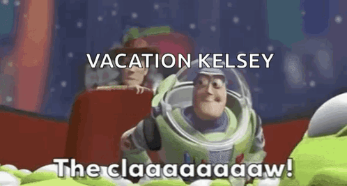 Buzz Lightyear From Toy Story Is Saying `` Vacation Kelsey The Claaaaaw ! '' GIF