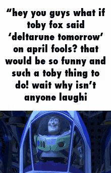 Buzz Lightyear From Toy Story Is Sitting In A Spaceship With A Quote About April Fools Coming Up GIF