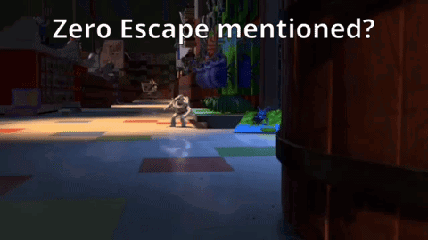 buzz lightyear from toy story is standing in a dark room with the words zero escape mentioned