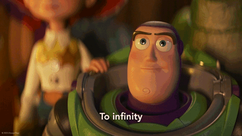 Buzz Lightyear From Toy Story Says " To Infinity " While Jessie Looks On GIF