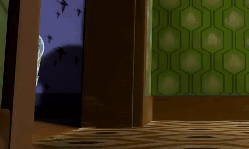 Buzz Lightyear Peeking Out Door Birds Flying GIF