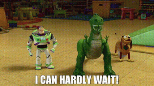 Buzz Lightyear , Rex , And Slinky From Toy Story Are Standing Next To Each Other On A Wooden Floor . GIF