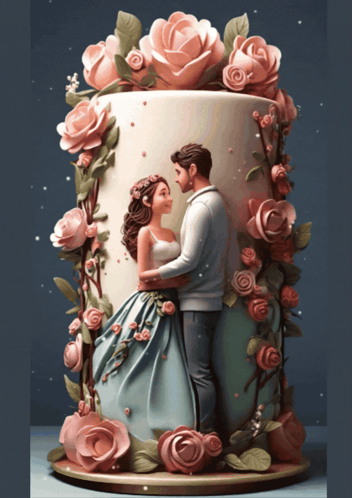 Cake With Man Woman and Pink Roses