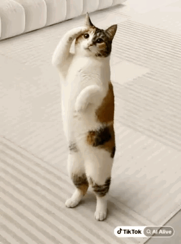 Calico Cat Standing On Hind Legs With TikTok Icon GIF