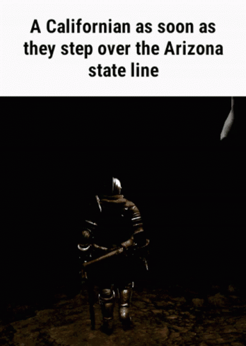 Californian Stepping Over Arizona State Line In Front Of Skeleton