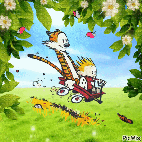 Calvin and Hobbes Riding Red Wagon