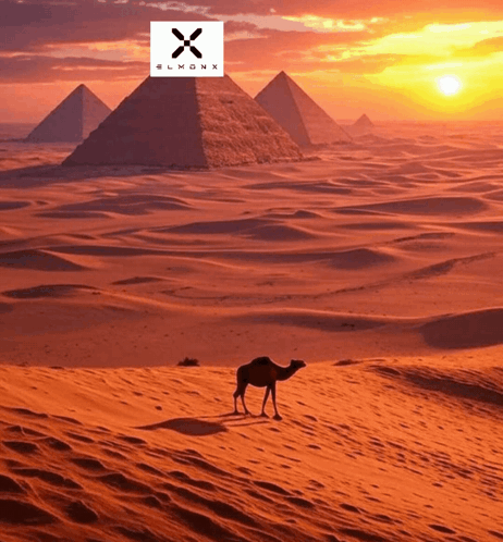 Camel in Desert With Pyramids and Elmonx Logo