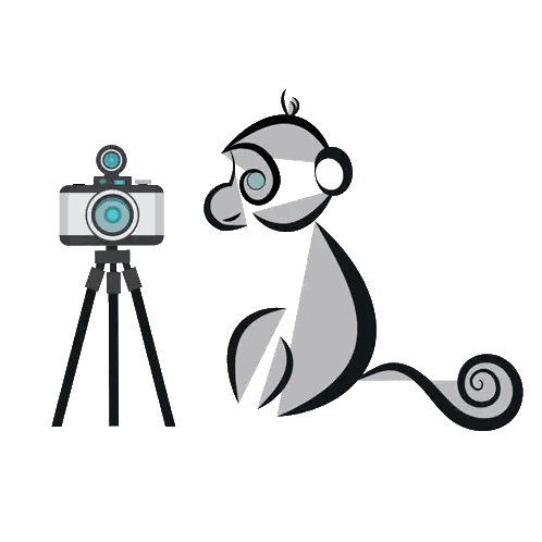 Camera on Tripod Next to Cartoon Monkey