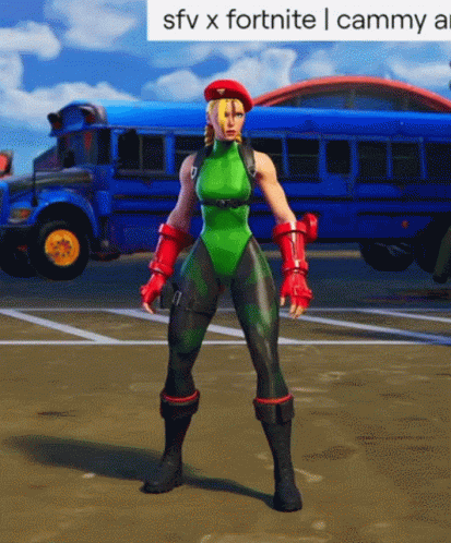 Cammy From Street Fighter Is Standing In Front Of A Blue Bus GIF