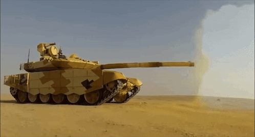 Camouflaged Tank Firing Rocket in Desert