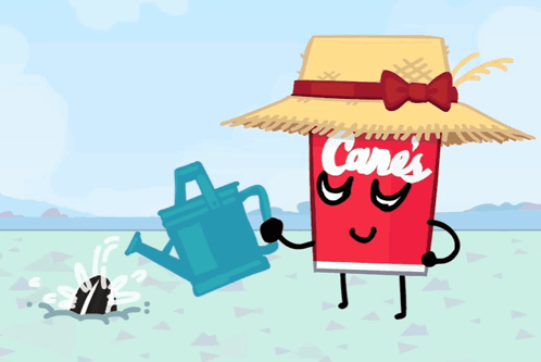 Cane's Can With Straw Hat and Blue Watering Can