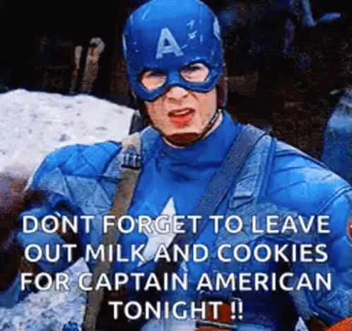 Captain America in Mask and Helmet Holding Milk and Cookies