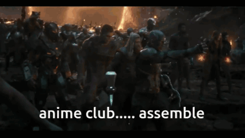 Captain America Is Holding A Hammer And The Words Anime Club Assemble Are Above Him GIF
