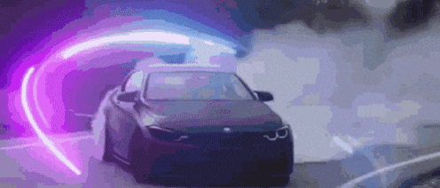 Car Driving Down Road With Smoke and Neon Light