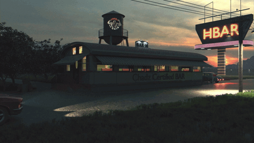 Car Parked In Front Of Diner With Hbar Sign GIF