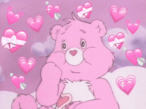 Care Bear Surrounded by Pink Hearts on Purple Background