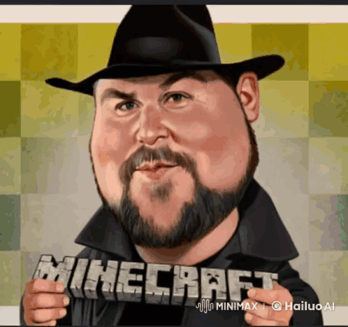 Caricature of Man With Beard Holding Minecraft Sign