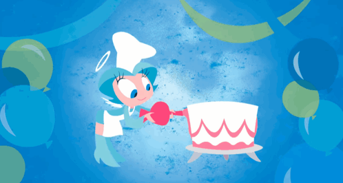 Cartoon Angel Decorating Cake With Balloons GIF