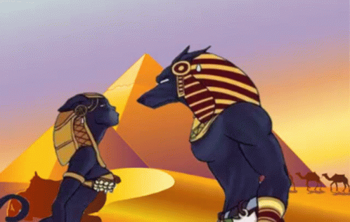 Cartoon Anubis and Sphinx at Pyramids