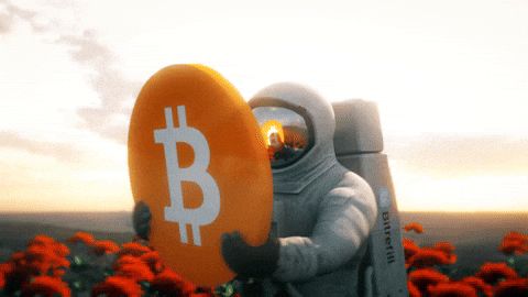 Cartoon Astronaut Holding Giant Bitcoin GIF