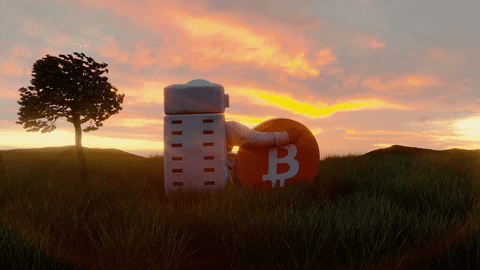 Cartoon Astronaut Sitting Beside Giant Bitcoin GIF