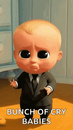 Cartoon Baby in Suit and Tie Standing on Wooden Floor