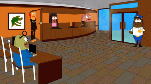 Cartoon Bank with Police Officer