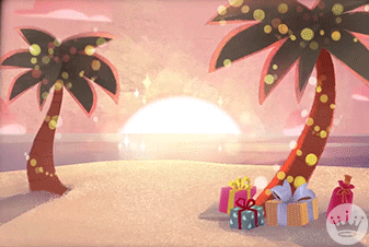 Cartoon Beach with Palm Trees and Gifts
