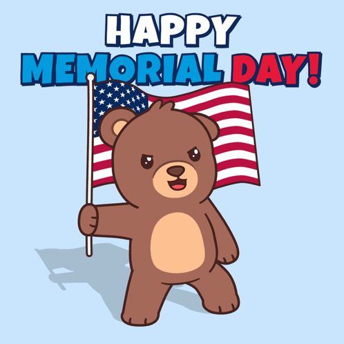 Cartoon Bear Holding American Flag Happy Memorial Day