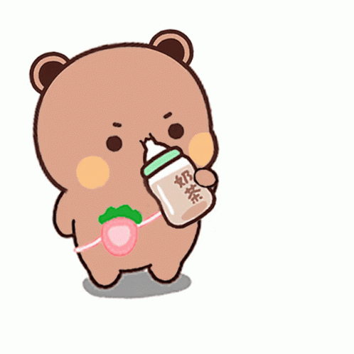 Cartoon Bear Holding Straw and Bottle With Chinese Writing