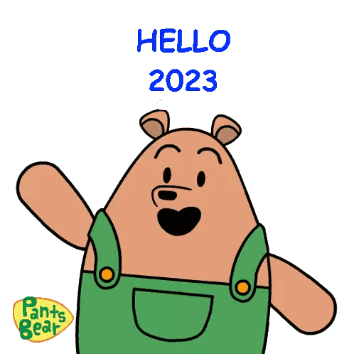 Cartoon Bear in Green Overalls Saying Hello 2023