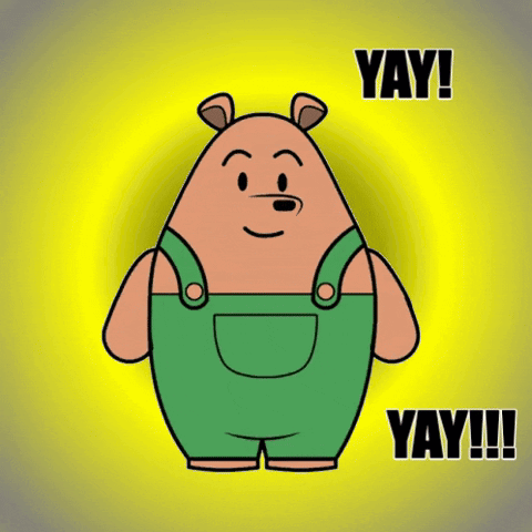 Cartoon Bear in Green Overalls Saying Yay