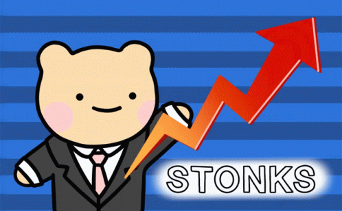 Cartoon Bear in Suit Holding Red Arrow Stonks
