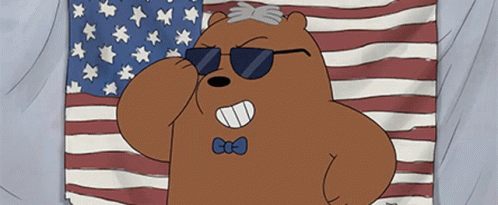 Cartoon Bear in Sunglasses and Bow Tie Saluting American Flag