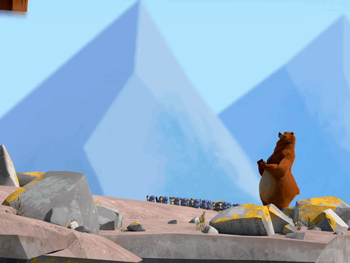 Cartoon Bear on Rocky Hillside With Penguins