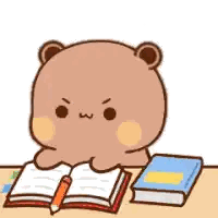 Cartoon Bear Reading Book and Pencil