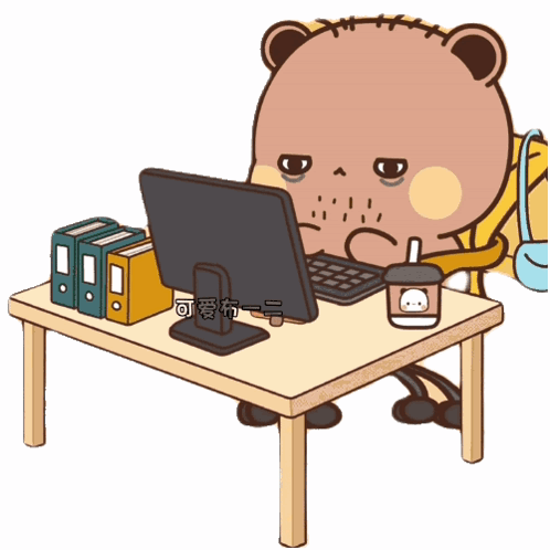 Cartoon Bear Sitting at Desk with Laptop and Coffee