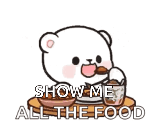 Cartoon Bear Sitting at Table Saying Show Me All the Food