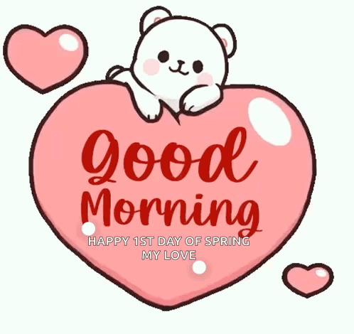 Cartoon Bear Sitting on Pink Heart Saying Good Morning