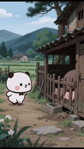 Cartoon Bear Standing In Front Of Pigs By Fence GIF