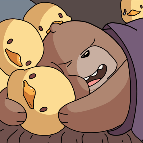 Cartoon Bear Surrounded by Ducklings