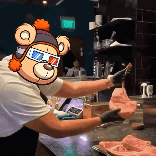 Cartoon Bear Wearing 3D Glasses Holding Meat