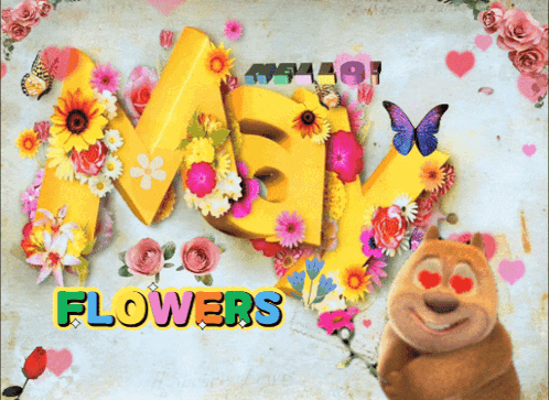 Cartoon Bear With Hearts Surrounded By Flowers GIF