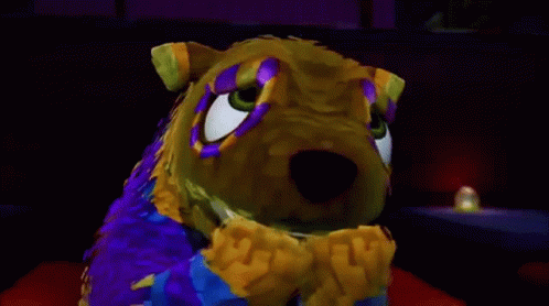 Cartoon Bear with Purple Yellow Eyes Folded Hands
