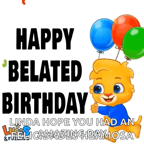 Cartoon Bear With Three Balloons Says Happy Belated Birthday GIF