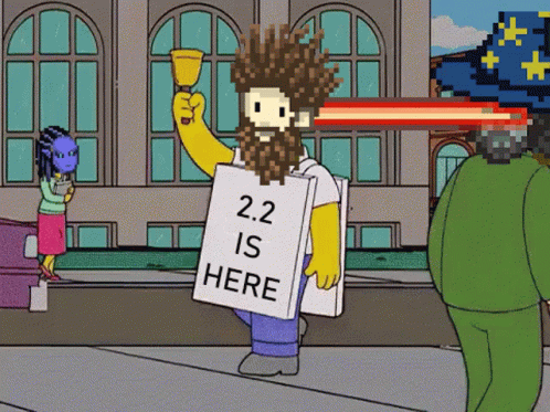 Cartoon Bearded Character Holding Cup and 2.2 Sign