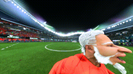 Cartoon Bearded Man In Red Shirt On Soccer Field GIF